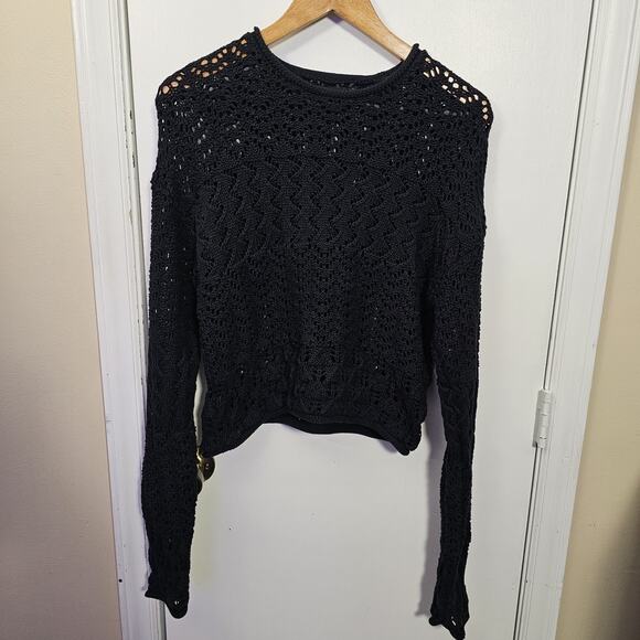 Cropped Open Cable Knit Sweater Womens Black Pullover Grunge Preppy Y2K 4 Tall - Picture 7 of 7